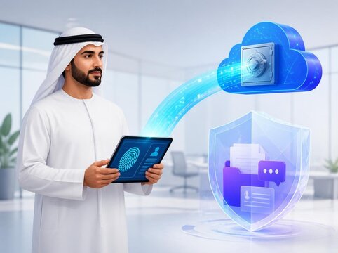 Businessman Managing Secure Cloud Documents with Biometric Authentication