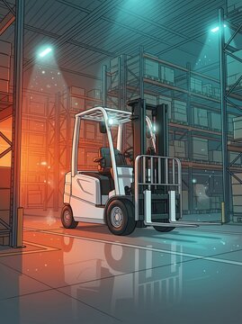 Modern warehouse operations featuring a white forklift under dynamic lighting, illustrating efficient logistics infrastructure