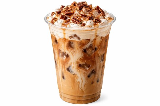 Iced coffee with cold foam, crushed pecans, ice cubes, and takeaway cup isolated on white background