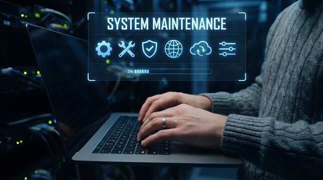 System maintenance screen with progress bar and icons displayed on a laptop computer
