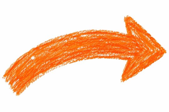 Curved orange crayon arrow with hand drawn wax texture for classroom worksheets creative branding school projects educational layouts and playful directional design