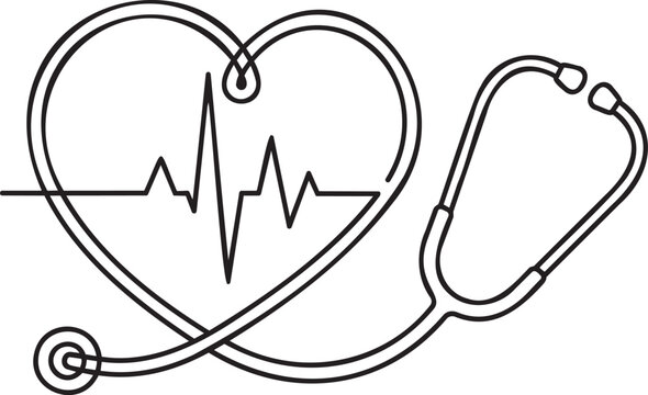 Stylized graphic of a heart outline encompassing a pulsatile rhythm, seamlessly combined with a doctor's stethoscope, conveying the essence of medical care, health awareness, and vital well-being