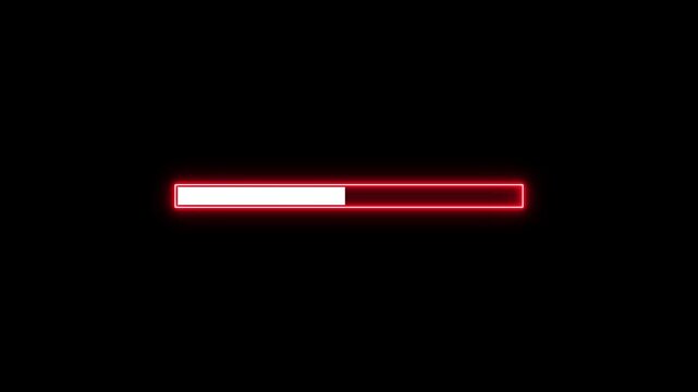 Loading progress bar with percentage animation. Glowing neon loading bar animation on black background.