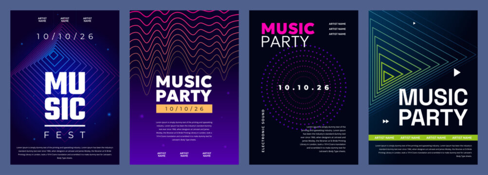 Vibrant music event posters featuring festive designs for upcoming music party