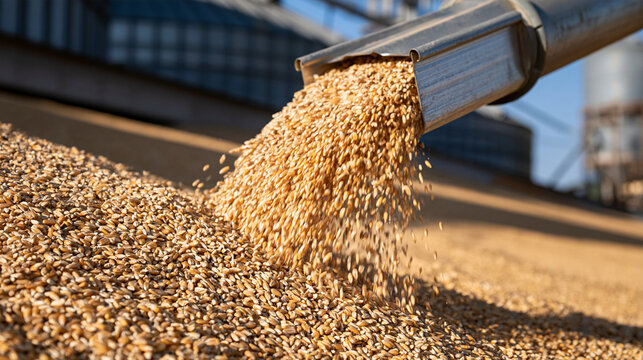 Grain pouring into a large pile in a warehouse under bright daylight. Food supply concept for industrial trade ads.