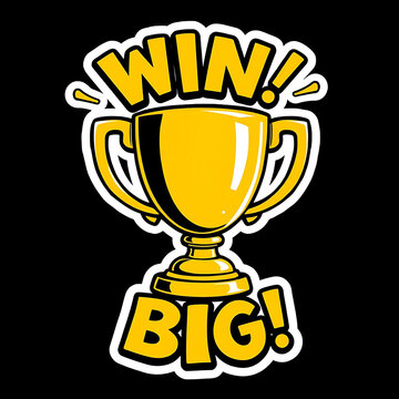 Cartoon style yellow trophy icon with win big text banner for sports and competition victory illustration