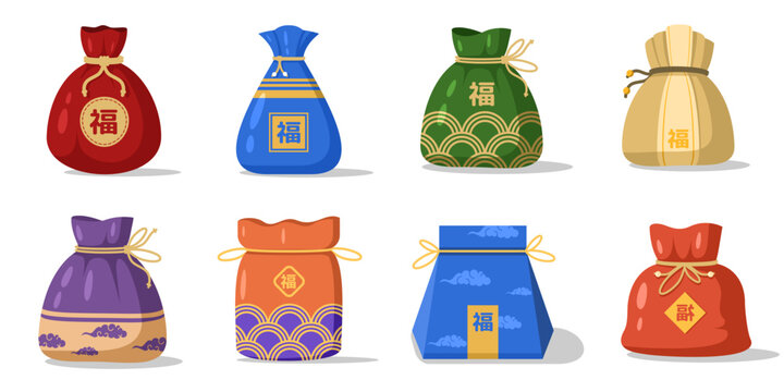 Colorful decorative gift bags with traditional asian patterns and symbols