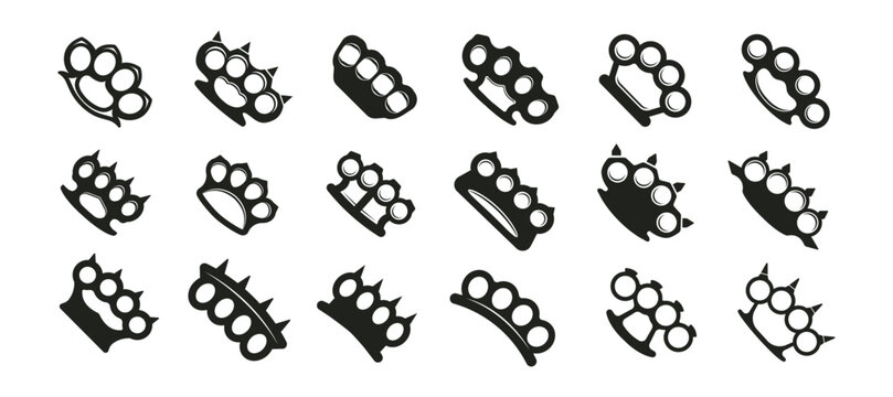 Various designs of brass knuckles silhouettes on white background