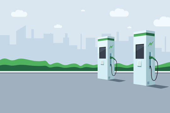 Empty electric vehicle charging stations in urban environment with green energy concept