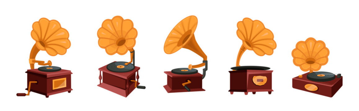Vintage gramophones collection with classic horns and vinyl records