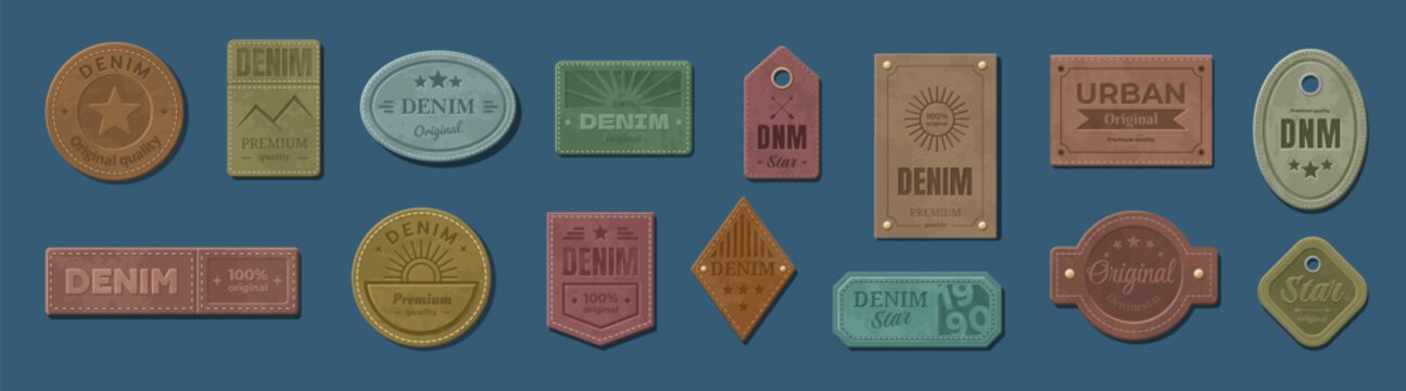 Vintage denim clothing labels collection on blue background