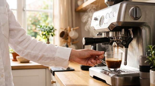 Fresh espresso pouring from machine into glass cup in bright kitchen. Home coffee brewing and morning routine concept.