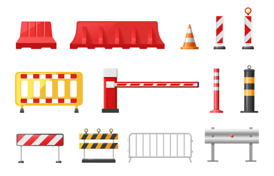 Various traffic barricades and barriers for road safety and construction sites