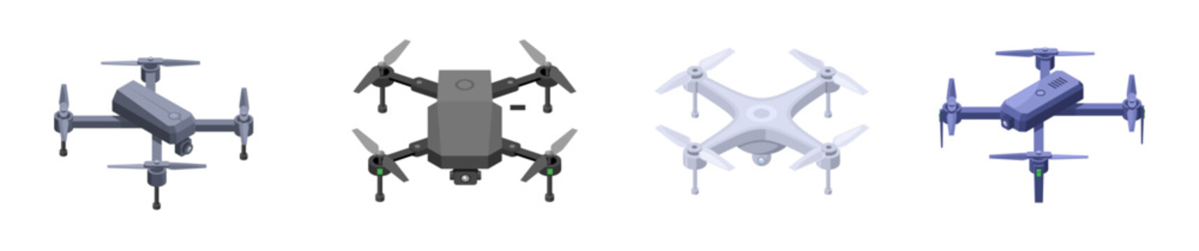 Four modern drones in various designs and colors on a white background