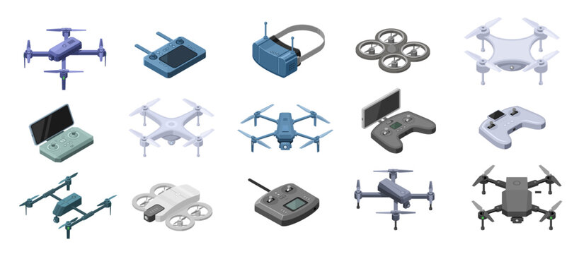 Collection of various drone models and remote controllers illustrated from different angles