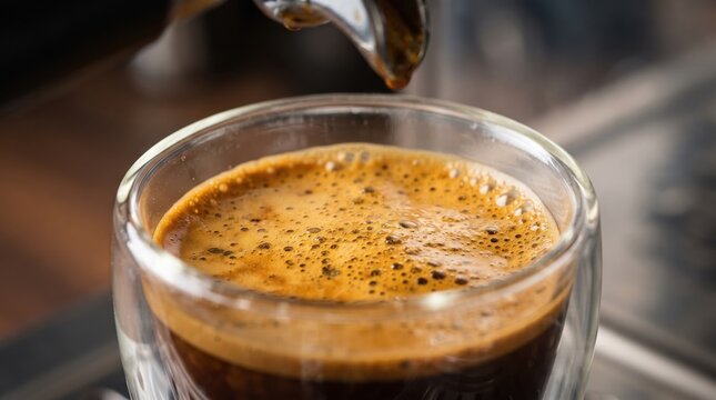 Macro shot of fresh espresso with thick golden crema pouring into double wall glass. Specialty espresso concept.