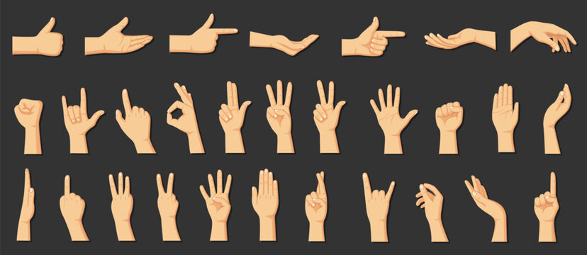 Diverse hand gestures collection including sign language and pointing
