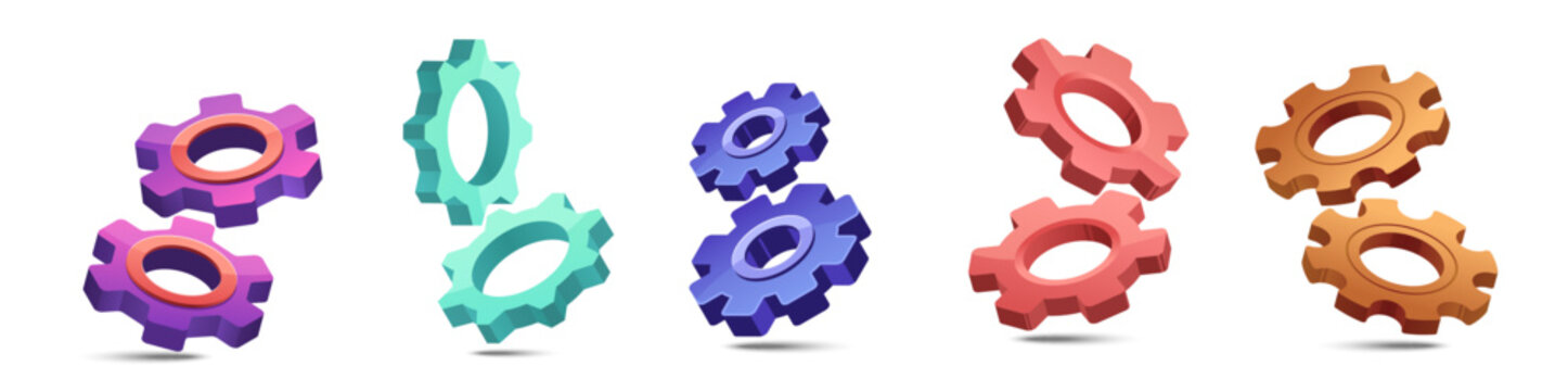 Vibrant multicolored gears in various shapes on white background
