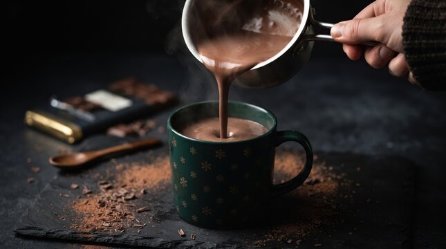Pouring hot chocolate into green ceramic mug on dark slate surface. Cozy winter drink and hot beverage concept.