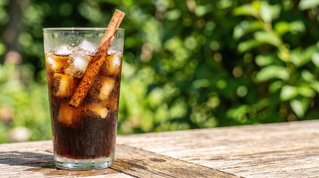 Cold brew iced coffee with cinnamon stick and ice cubes in tall glass outdoors. Refreshing summer beverage concept.