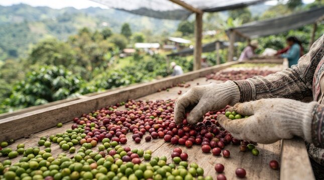 Gloved hands sorting fresh green and red coffee cherries on drying rack. Coffee harvest and farm processing concept.