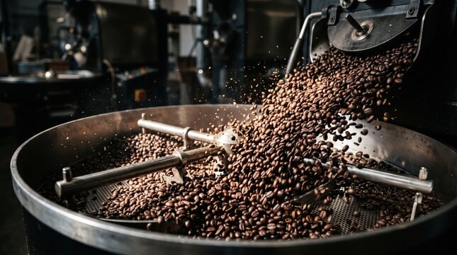 Roasted coffee beans cooling and mixing in industrial roasting machine. Coffee roastery production concept.