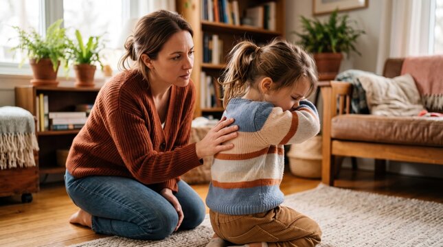 Caring mother comforting sick little daughter coughing at home. Child illness and family care concept.
