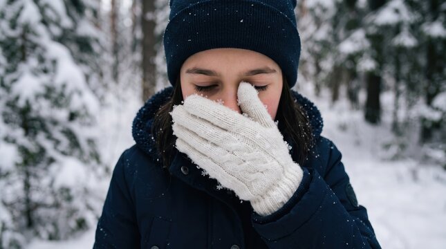 Young girl coughing into gloved hand in snowy winter forest. Cold weather illness concept.