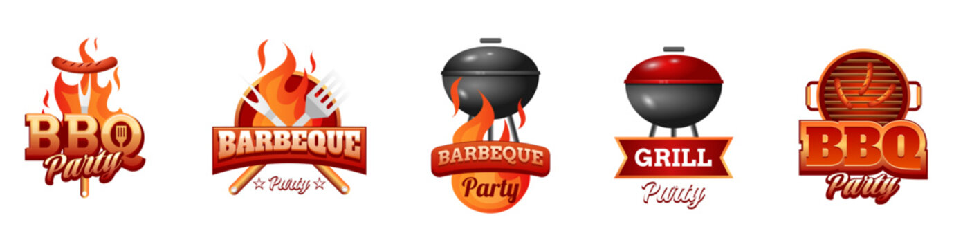 Colorful bbq party logos with flames and grill elements