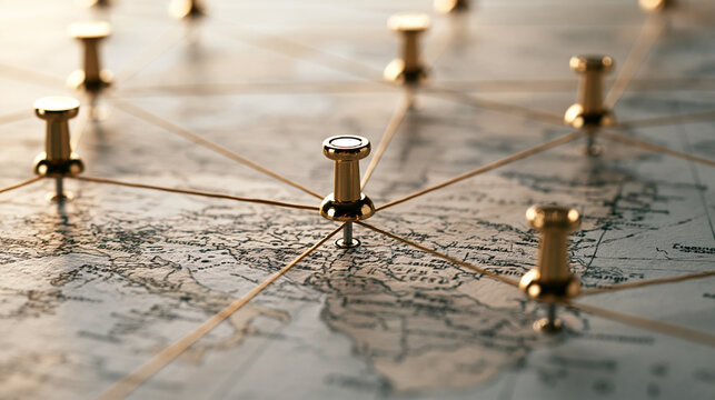 Golden push pins connected with string forming a network over an old vintage map. Global logistics and strategic planning concept.