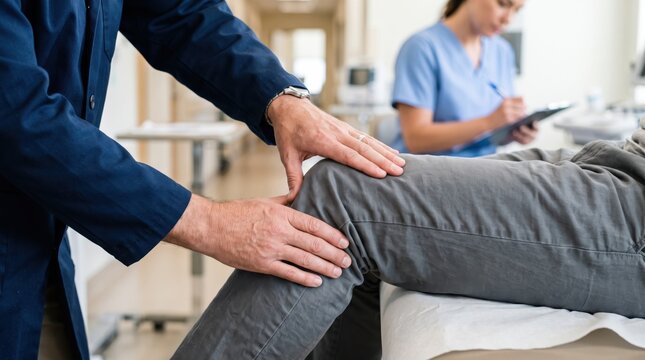 Doctor examining patient knee joint for arthritis pain in medical clinic. Orthopedic examination concept.
