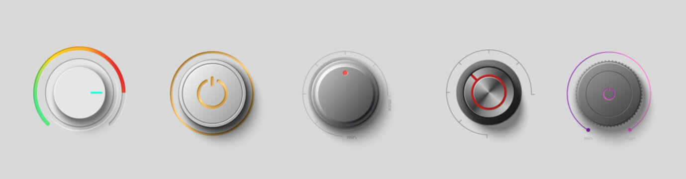 Modern control knobs with varied designs and color indicators for electronic devices