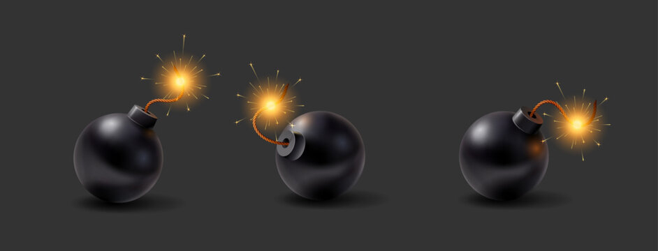 Three cartoon bombs with burning fuses on dark background