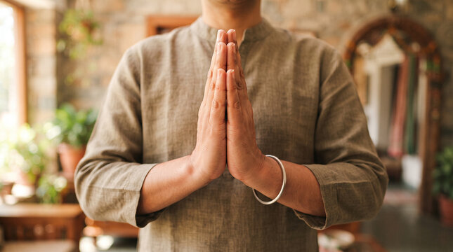 Namaste Gesture: A man performs the traditional Namaste gesture, hands pressed together in prayer or greeting, exuding peace and respect in a warm, ambient setting.