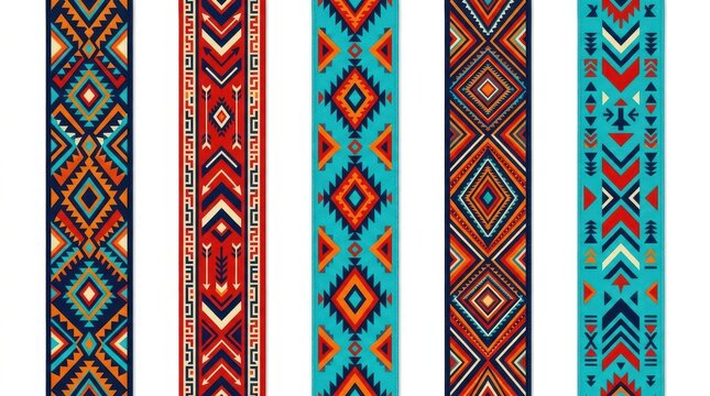 Set of Colorful Ethnic Tribal Geometric Patterns on Vertical Ribbons for Textile and Graphic Design