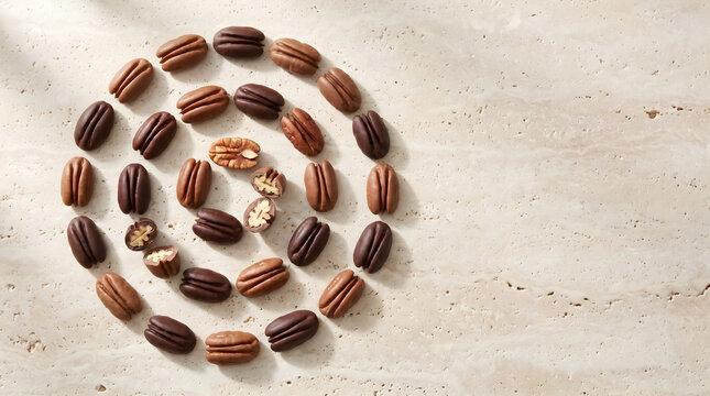 Top view of chocolate covered pecans arranged in a spiral pattern on a textured beige stone background studio shot
