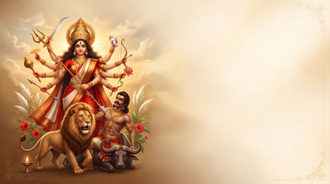 Goddess durga celebrating durga puja festival with lion with lion mahishasura traditional
