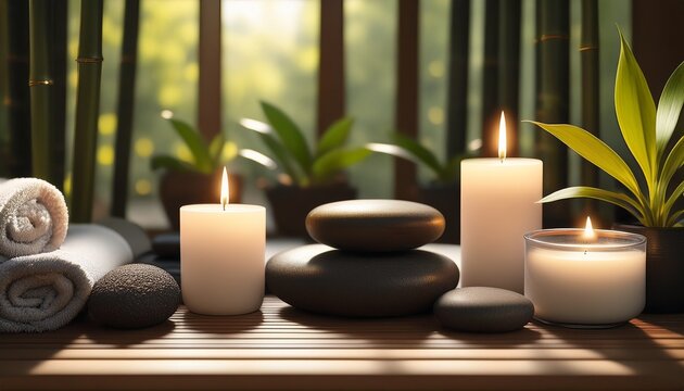 Relaxation Spa Setup With Candles And Stones Ideal For Sleek Commercial Backgrounds And Title Sequences