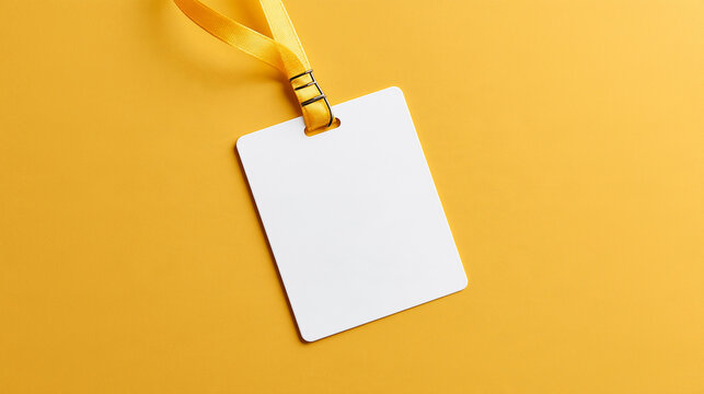 A blank white identification badge with a yellow lanyard rests against a vibrant yellow background. Great for corporate identity and event access design.