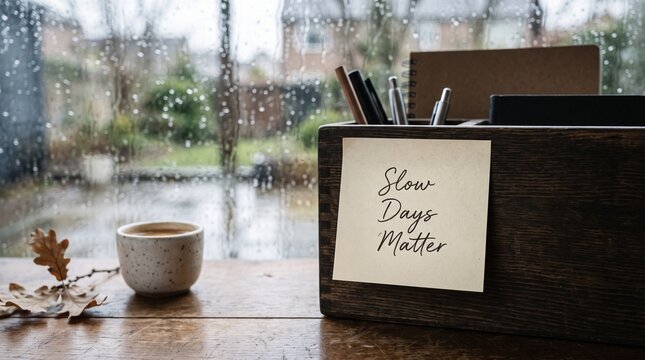 Sticky note with handwritten slow days matter message on wooden organizer with coffee cup and rainy window