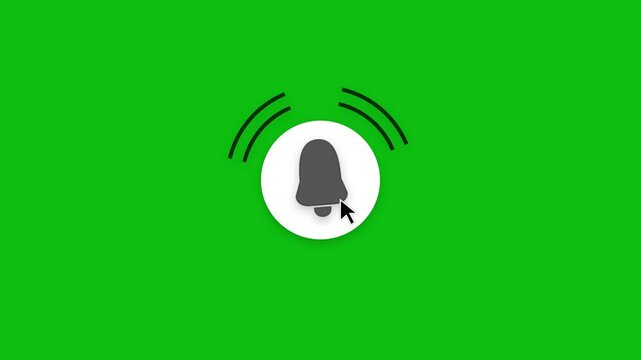 Notification bell icon animation on green screen, ringing alert button with mouse cursor click, social media subscribe reminder overlay