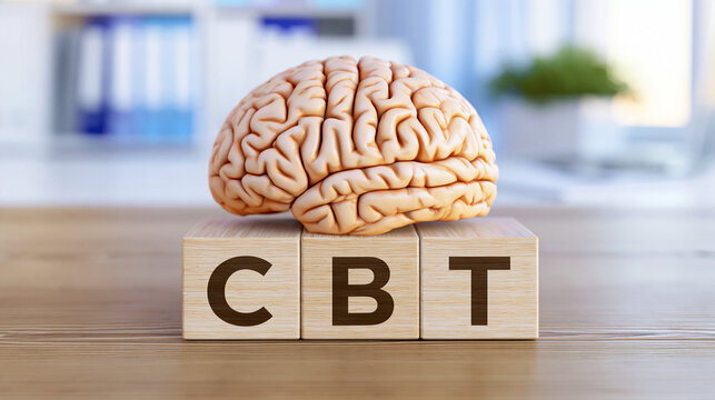 Human brain model resting on wooden blocks spelling CBT on a desk. Psychological concept for cognitive behavioral therapy.
