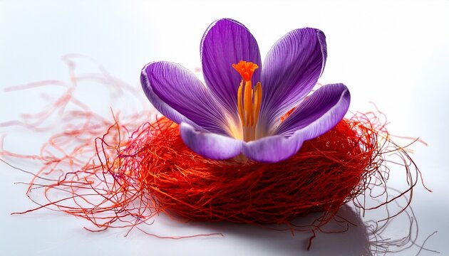 Delicate Purple Crocus Bloom With Vivid Orange Stigma Resting On A Nest Of Red Saffron Threads On A Clean White Background Elegant And Serene