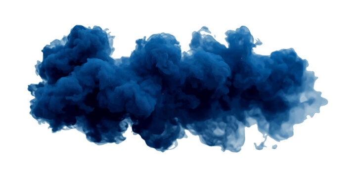 Abstract dark blue smoke and ink swirling in water, creating a dense liquid pigment explosion with dramatic curls and flowing texture isolated on white background.