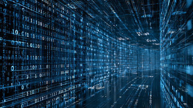 Digital tunnel of binary code with data streams flowing through cyberspace. Technology concept for data analytics.