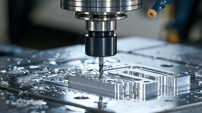 A precision CNC milling machine cuts a metal part with glowing metal shavings scatter around in a factory. Ideal industrial manufacturing concept for modern engineering and.