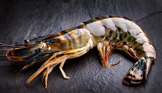 Raw Tiger Prawn Full Anatomy Dark Granite Seafood Macro Premium Editorial