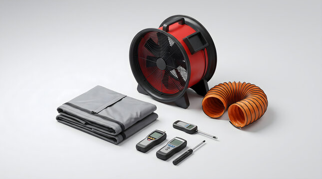 A blower door testing kit including a high-performance fan with ducting hose and digital diagnostic measuring gauges