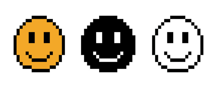 Set of three pixel art smiley face icons in different colors with emoji icons digital design smile