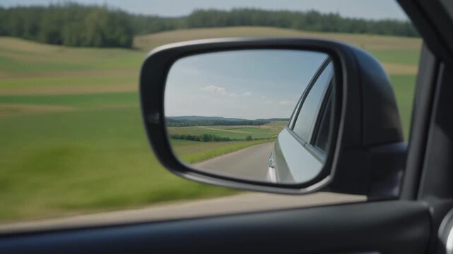 Car side mirror reflection of a rural landscape during a drive with cinematic motion